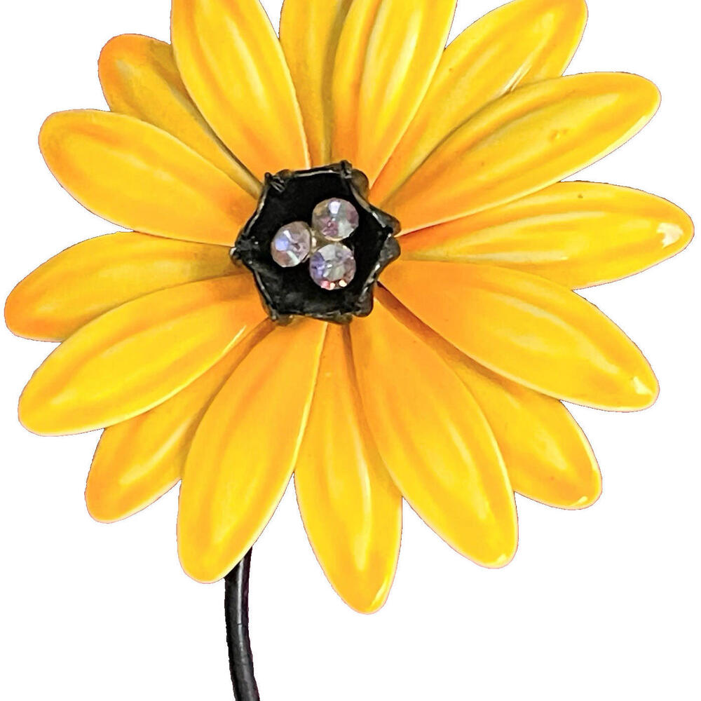 VTG 1960s Yellow Enamel Sunflower 2.5”Brooch AB Crystals In Center Flower Power